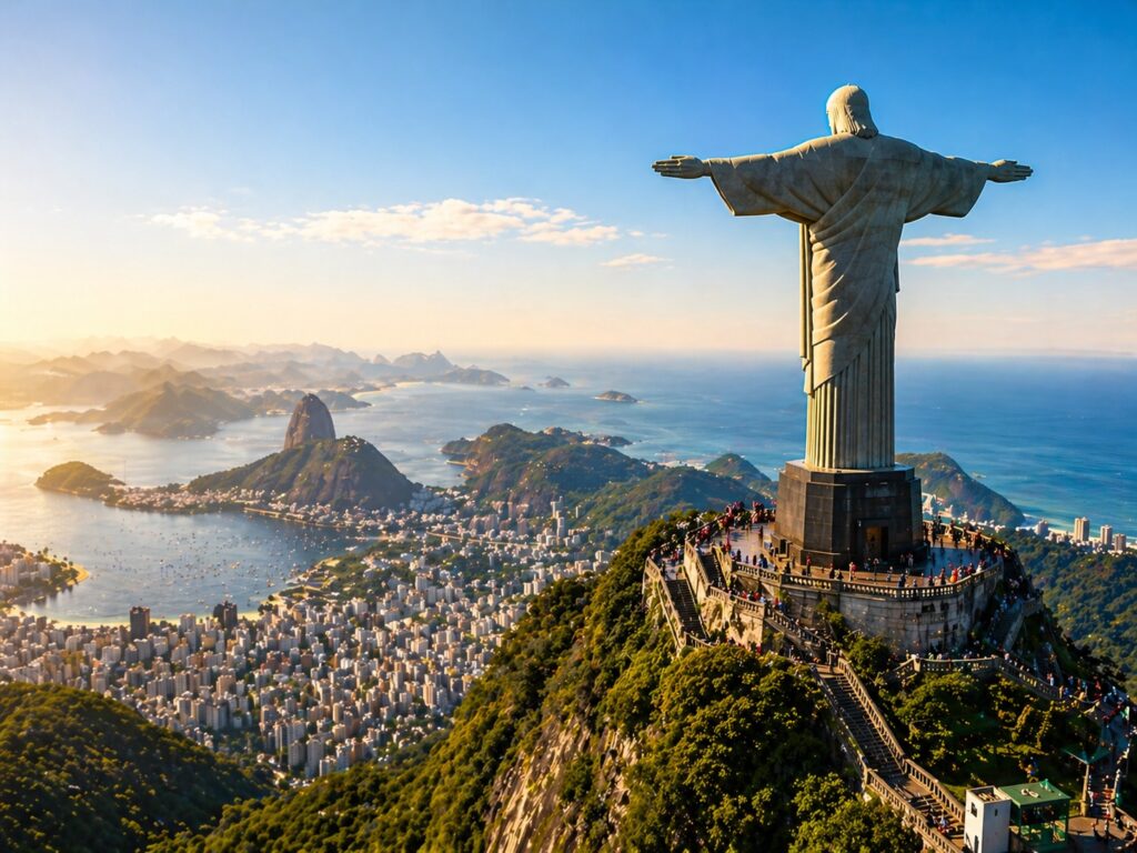 Vista panorâmica do Cristo Redentor no topo do Corcovado com o Pão de Açúcar ao fundo
