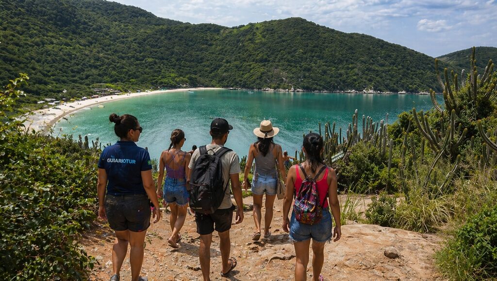 PGrupo de turistas com guia descendo trilha para a Ilha do Farol em Arraial do Cabo com vista panorâmica do mar azul