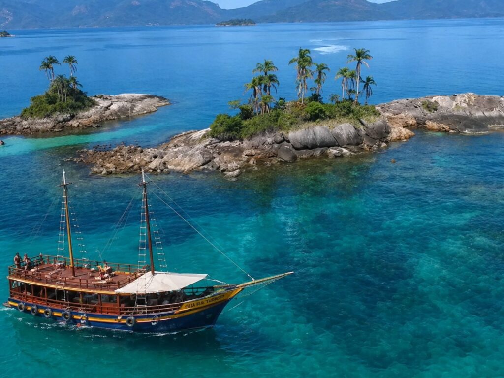 Passeio de barco em Ilha Grande Angra dos Reis com vista aérea das Ilhas Botinas e mar azul cristalino