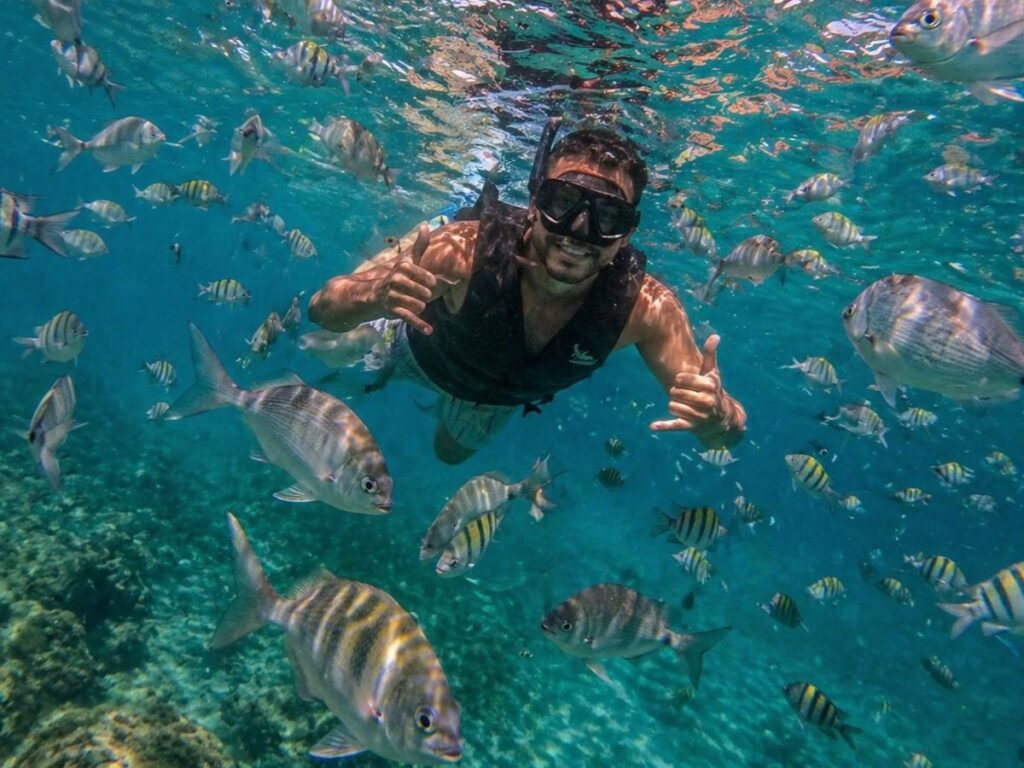 Mergulho com snorkel em Angra dos Reis durante passeio de barco com peixes no mar cristalino
