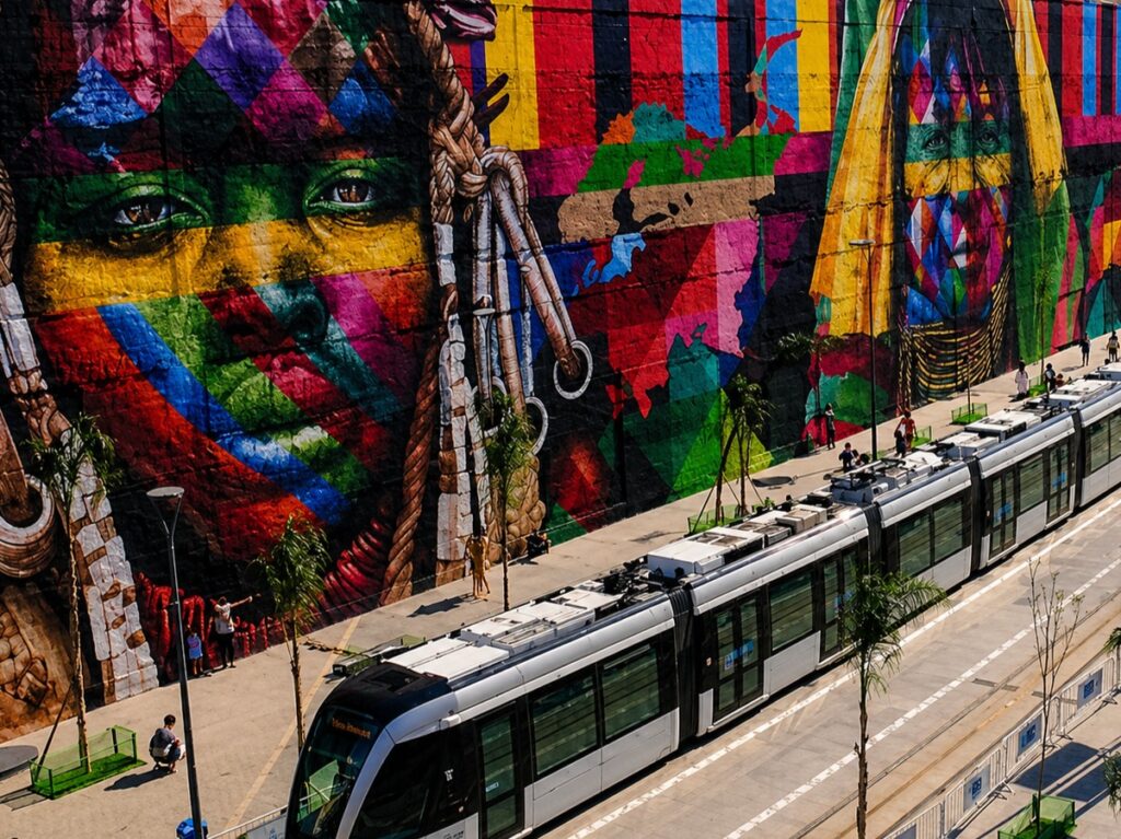 Grafite do Mural Etnias de Eduardo Kobra no Boulevard Olímpico com o VLT passando