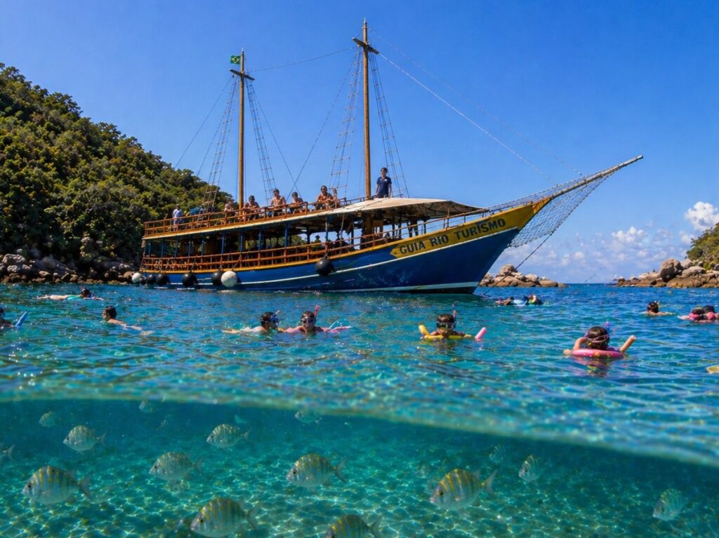 Passeio de barco em Ilha Grande Angra dos Reis com vista aérea das Ilhas Botinas e mar cristalino
