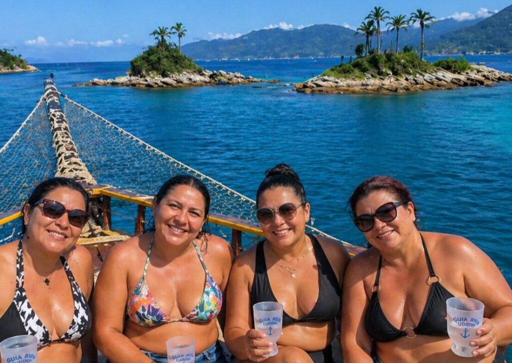 Passeio de escuna em grupo em Angra dos Reis com turistas aproveitando o dia