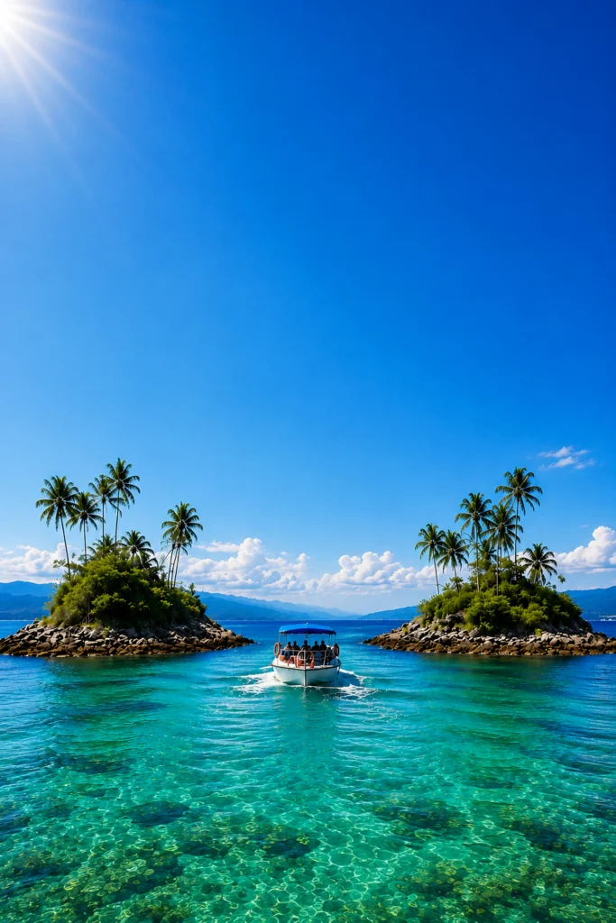 Passeio de barco nas Ilhas Botinas em Angra dos Reis com mar cristalino e águas transparentes da Costa Verde.