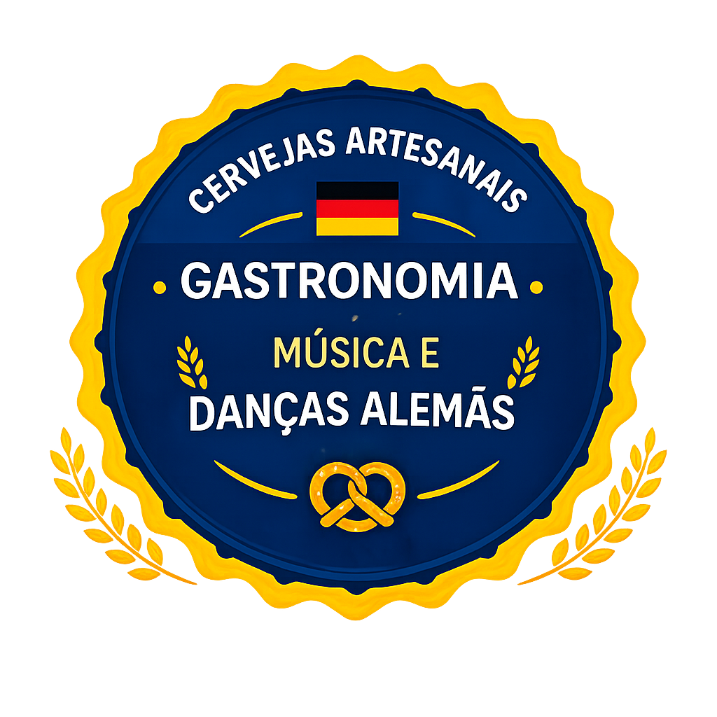 Selo destacando cervejas artesanais, gastronomia alemã, música e danças típicas da Festa do Colono Alemão em Petrópolis.