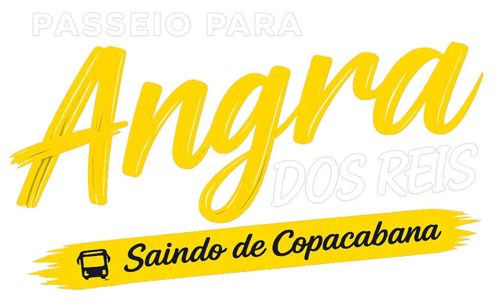 Arte promocional do passeio para Angra dos Reis saindo do Rio de Janeiro com transporte turístico, passeio de escuna, praias, ilhas e embarques organizados pela Guia Rio Tur.