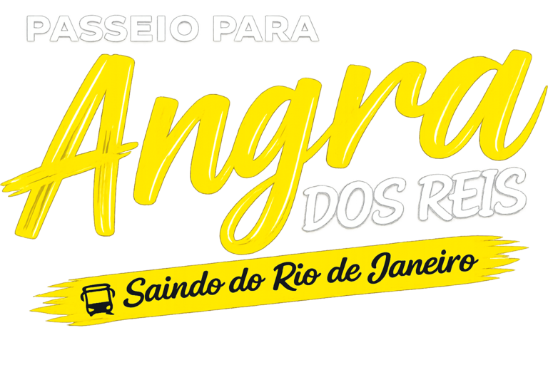 Arte promocional do passeio para Angra dos Reis saindo do Rio de Janeiro com transporte turístico, passeio de escuna, praias, ilhas e embarques organizados pela Guia Rio Tur.