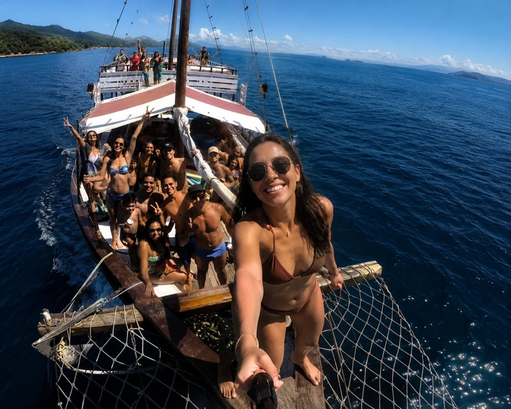 Turistas mergulhando na Lagoa Azul durante o passeio para Angra dos Reis saindo do Rio de Janeiro a bordo de uma escuna da Guia Rio Tur.