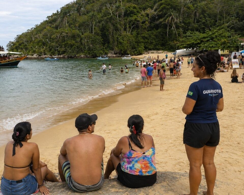 Guia da Guia Rio Tur acompanhando turistas durante o passeio para Angra dos Reis saindo do Rio de Janeiro em uma praia da Costa Verde.