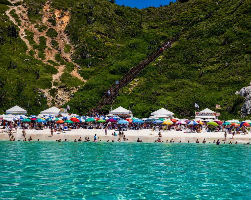 Escadaria de acesso à Praia do Forno em Arraial do Cabo durante o passeio saindo do Rio de Janeiro.