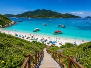 Prainhas do Pontal do Atalaia em Arraial do Cabo com águas cristalinas durante passeio de escuna saindo de Copacabana.