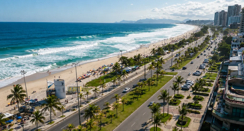 Vista aérea da Orla da Barra da Tijuca no Rio de Janeiro, ponto de saída para o passeio a Arraial do Cabo